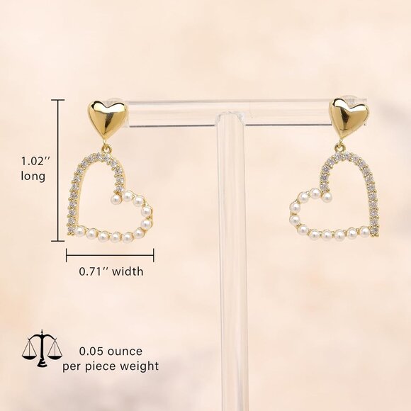 Women's Heart Pearl Tan Dangle Sparkly Cubic Zirconia Crystal Rhinestone Earring - Picture 7 of 7